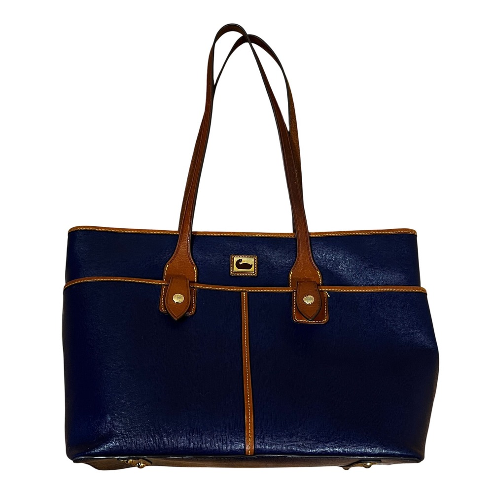 Dooney & Bourke Camden Saffiano Double Pocket Tote Bag Navy Blue/Tan Leather